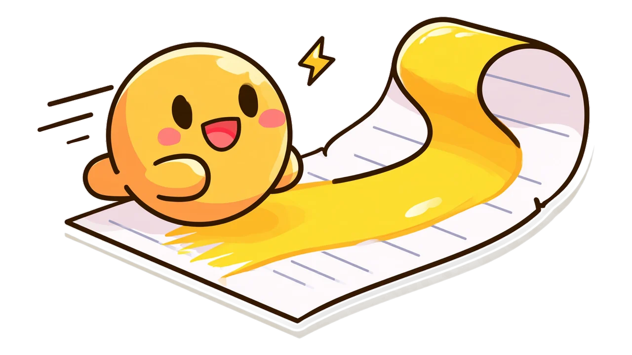 The yellow character zooms past a long page in one go, leaving a single continuous highlighter stroke behind it, with a small lightning bolt: one pass, no generated tokens.